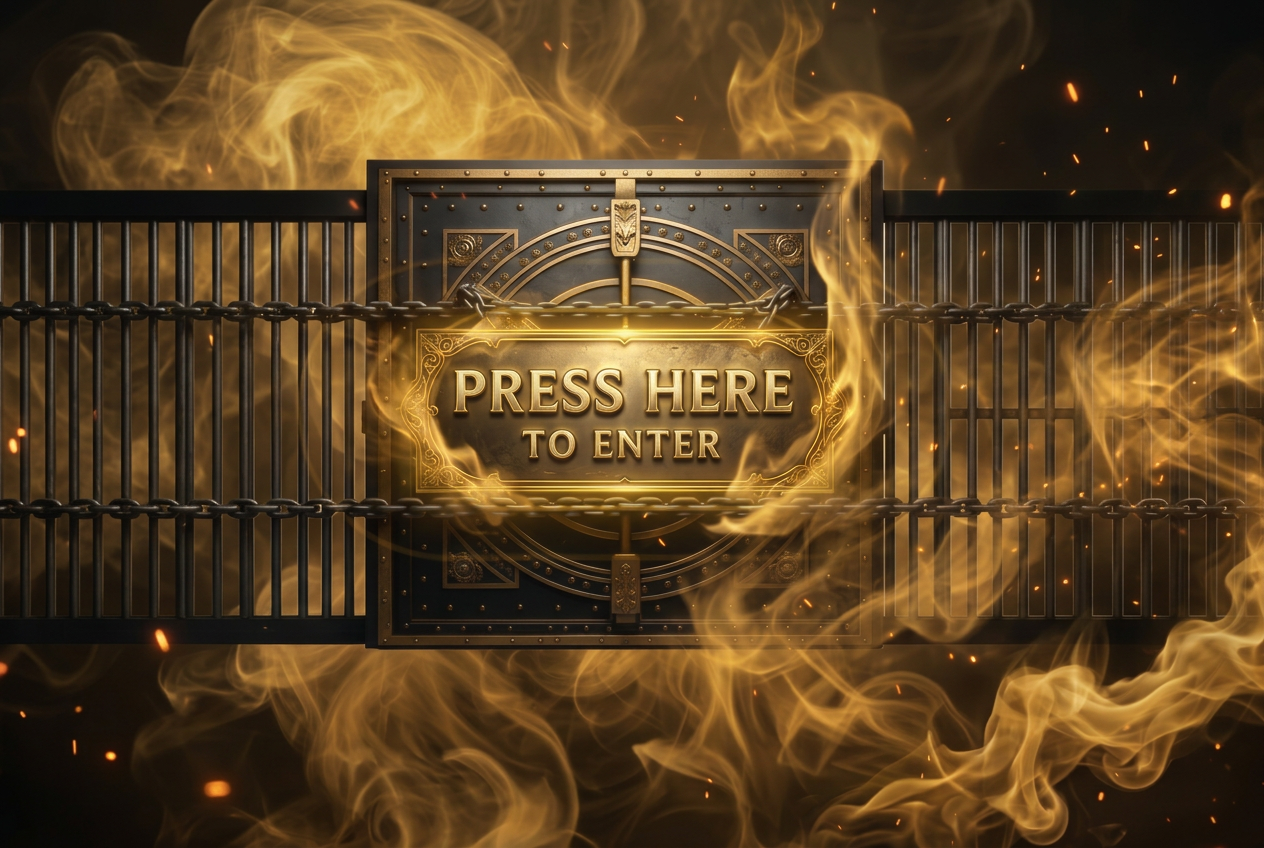 Ornate gold and iron vault surrounded by golden smoke, with an embossed Press here to enter sign